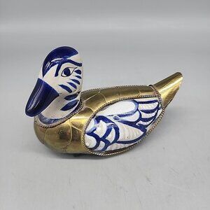 Vintage Mexican Tonala Pottery Duck With Decorative Brass Plating